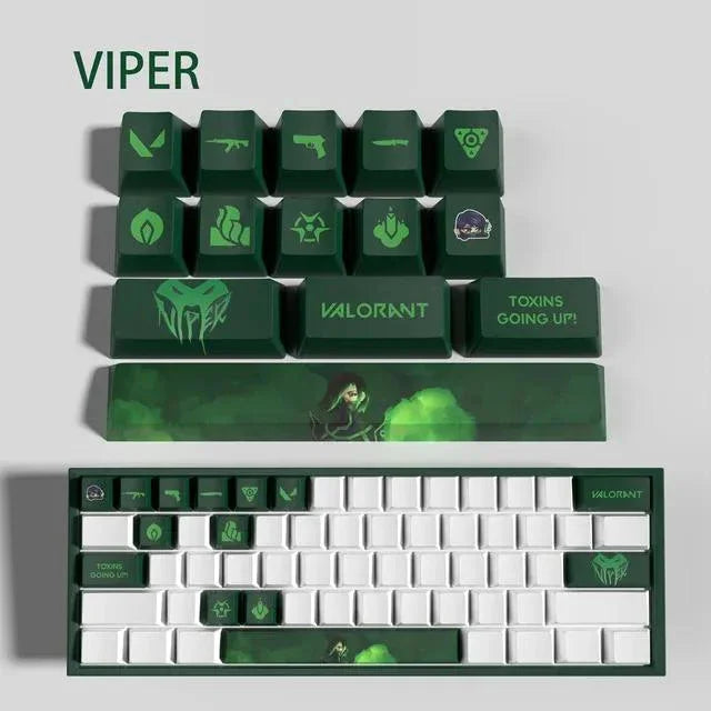 Conjunto com 14 keycaps Valorant em PBT, compatíveis com switches mecânicos. Cores vibrantes, alta durabilidade e inclui barra de espaço e removedor.