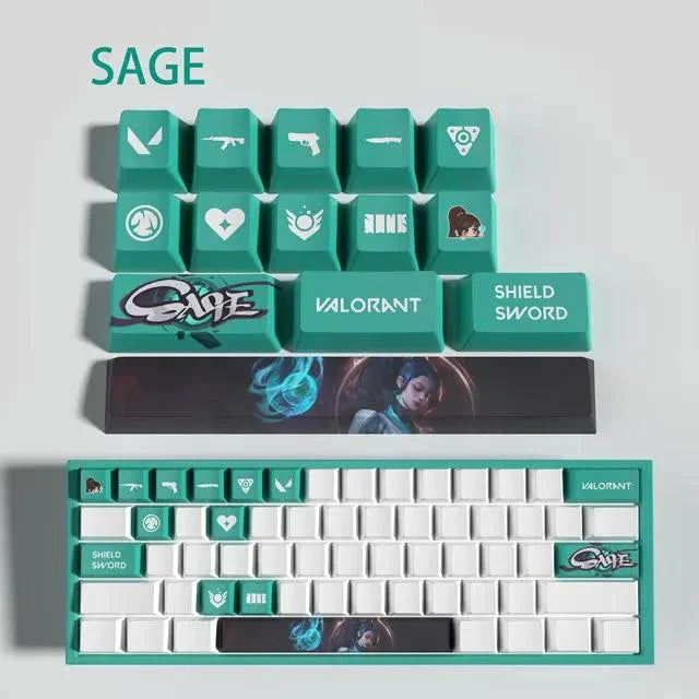 Conjunto com 14 keycaps Valorant em PBT, compatíveis com switches mecânicos. Cores vibrantes, alta durabilidade e inclui barra de espaço e removedor.