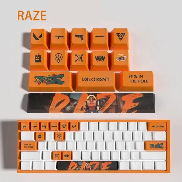 Conjunto com 14 keycaps Valorant em PBT, compatíveis com switches mecânicos. Cores vibrantes, alta durabilidade e inclui barra de espaço e removedor.