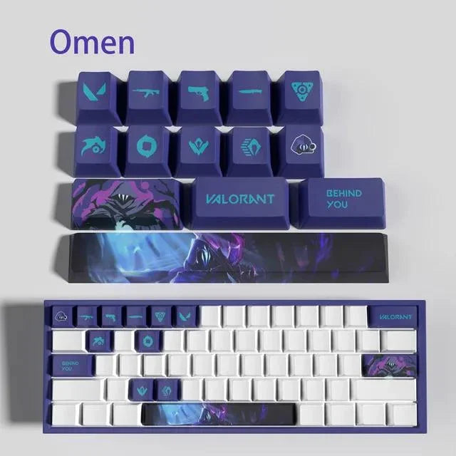 Conjunto com 14 keycaps Valorant em PBT, compatíveis com switches mecânicos. Cores vibrantes, alta durabilidade e inclui barra de espaço e removedor.