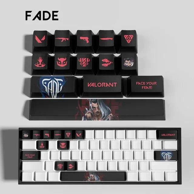 Conjunto com 14 keycaps Valorant em PBT, compatíveis com switches mecânicos. Cores vibrantes, alta durabilidade e inclui barra de espaço e removedor.