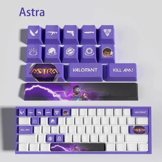 Conjunto com 14 keycaps Valorant em PBT, compatíveis com switches mecânicos. Cores vibrantes, alta durabilidade e inclui barra de espaço e removedor.