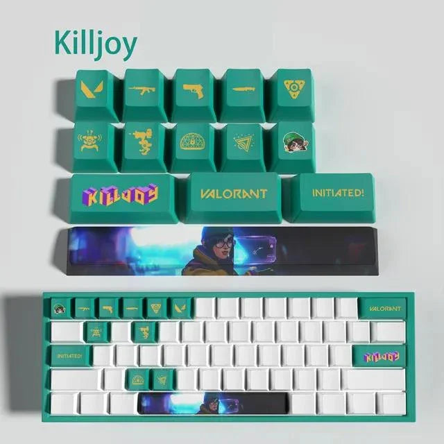 Conjunto com 14 keycaps Valorant em PBT, compatíveis com switches mecânicos. Cores vibrantes, alta durabilidade e inclui barra de espaço e removedor.