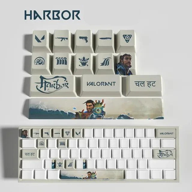 Conjunto com 14 keycaps Valorant em PBT, compatíveis com switches mecânicos. Cores vibrantes, alta durabilidade e inclui barra de espaço e removedor.