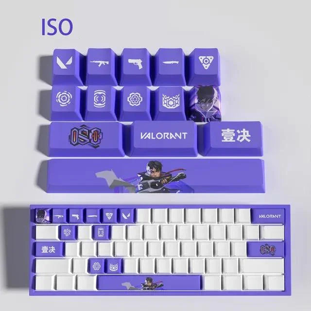 Conjunto com 14 keycaps Valorant em PBT, compatíveis com switches mecânicos. Cores vibrantes, alta durabilidade e inclui barra de espaço e removedor.
