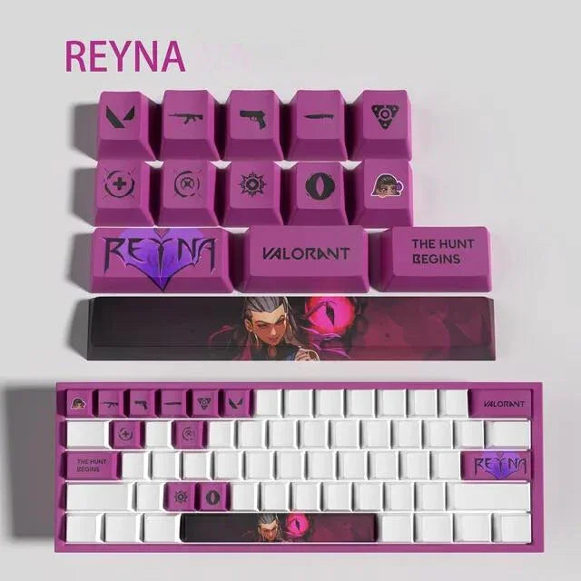 Conjunto com 14 keycaps Valorant em PBT, compatíveis com switches mecânicos. Cores vibrantes, alta durabilidade e inclui barra de espaço e removedor.