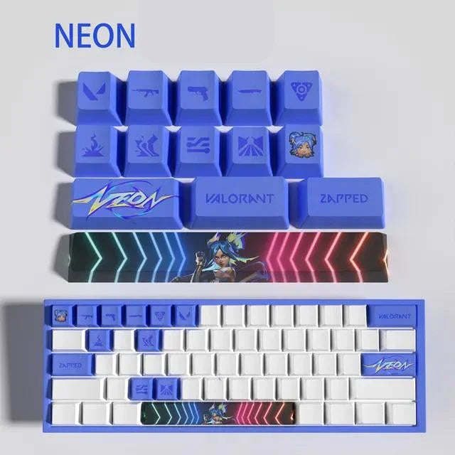 Conjunto com 14 keycaps Valorant em PBT, compatíveis com switches mecânicos. Cores vibrantes, alta durabilidade e inclui barra de espaço e removedor.