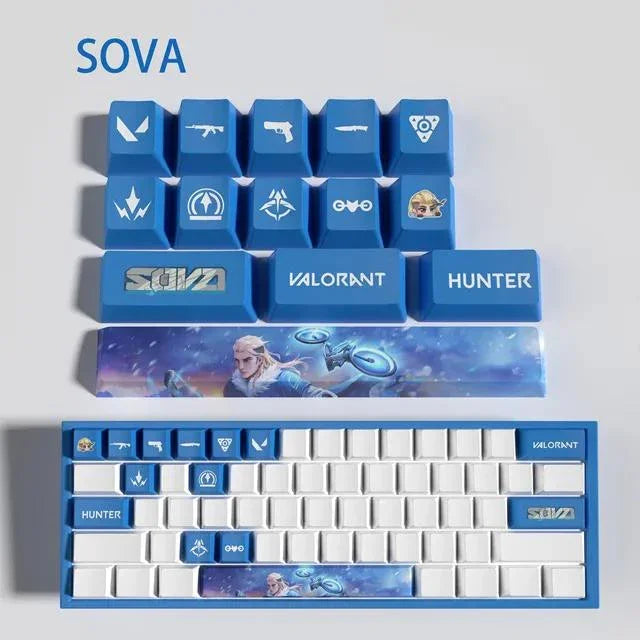 Conjunto com 14 keycaps Valorant em PBT, compatíveis com switches mecânicos. Cores vibrantes, alta durabilidade e inclui barra de espaço e removedor.