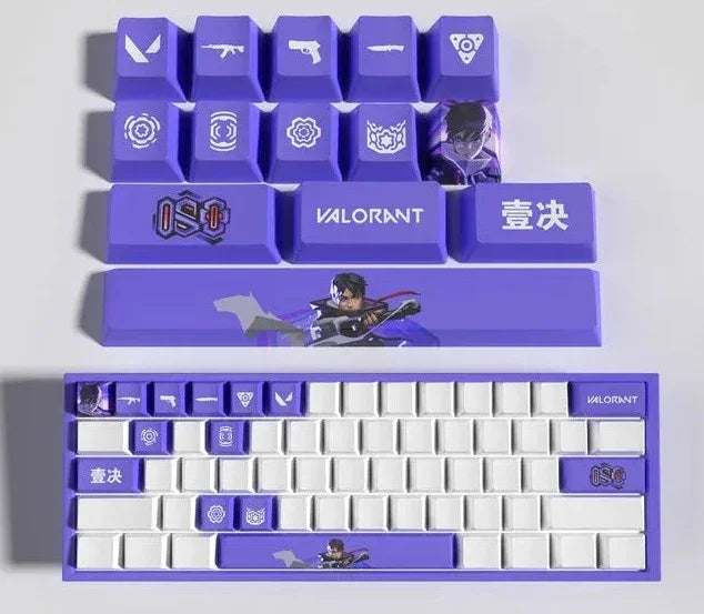 Conjunto com 14 keycaps Valorant em PBT, compatíveis com switches mecânicos. Cores vibrantes, alta durabilidade e inclui barra de espaço e removedor.