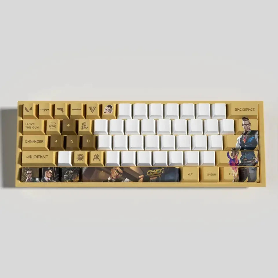 Conjunto com 29 keycaps Valorant, inspiradas em 12 agentes. Compatíveis com switches mecânicos, cores vibrantes e duráveis. Ideal para fãs do jogo!