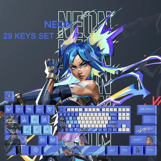 Conjunto com 29 keycaps Valorant, inspiradas em 12 agentes. Compatíveis com switches mecânicos, cores vibrantes e duráveis. Ideal para fãs do jogo!