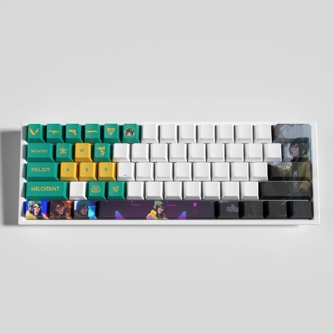 Conjunto com 29 keycaps Valorant, inspiradas em 12 agentes. Compatíveis com switches mecânicos, cores vibrantes e duráveis. Ideal para fãs do jogo!