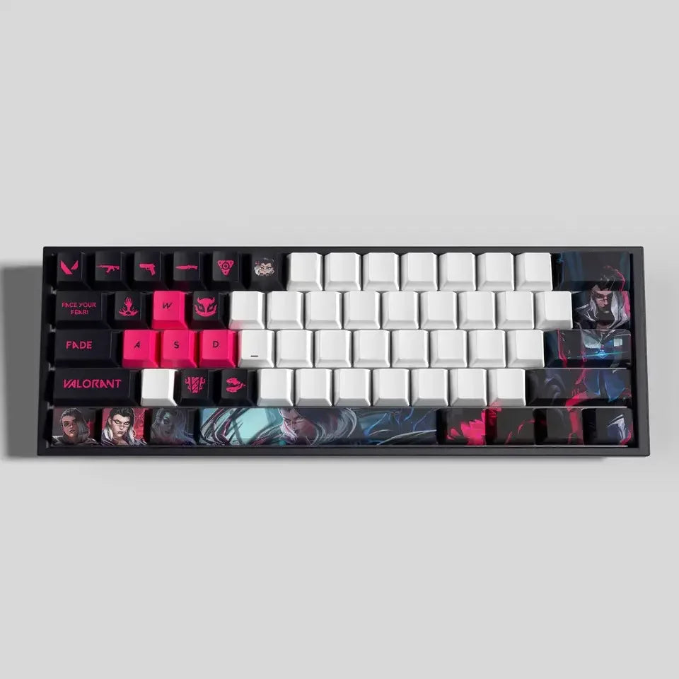 Conjunto com 29 keycaps Valorant, inspiradas em 12 agentes. Compatíveis com switches mecânicos, cores vibrantes e duráveis. Ideal para fãs do jogo!