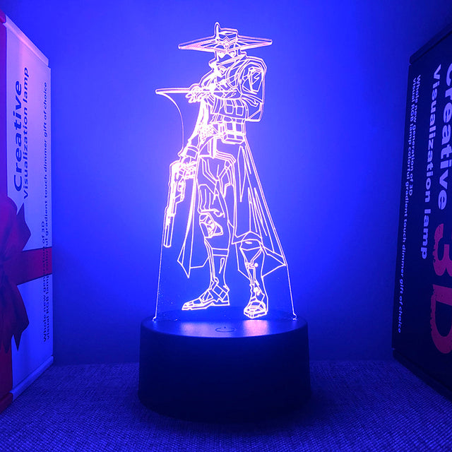Luminária Valorant com base, cabo e controle remoto. Presente ideal para fãs do jogo. Potência 0-5W, voltagem 5V. Decore com estilo e confiança!