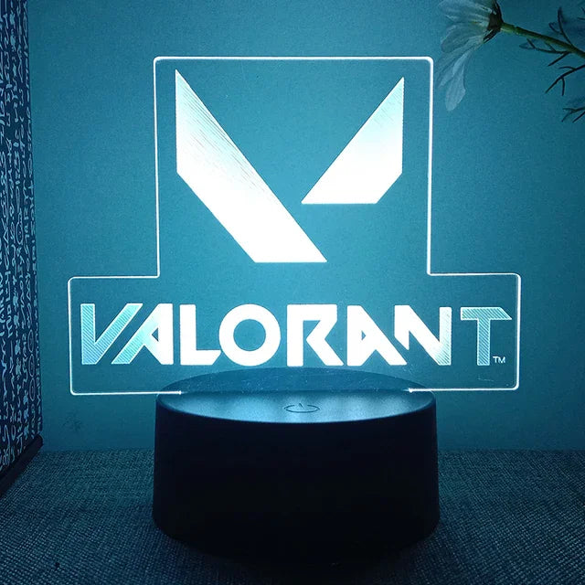 Luminária Valorant com base, cabo e controle remoto. Presente ideal para fãs do jogo. Potência 0-5W, voltagem 5V. Decore com estilo e confiança!