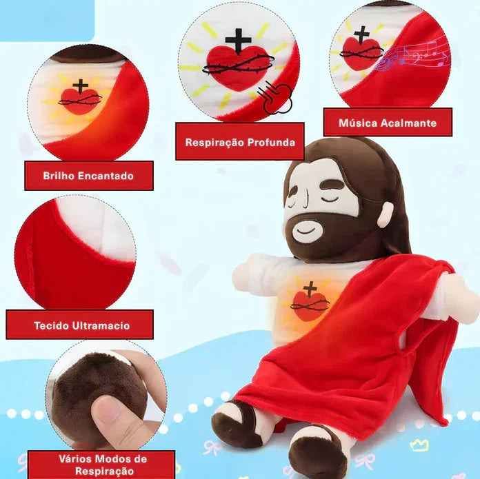 Descubra a paz interior com a Pelúcia Jesus que Respira. 🌟 Sinta a tranquilidade a cada inspiração e expiração Altura da Pelúcia: 38cm Material de enchimento: Algodão P