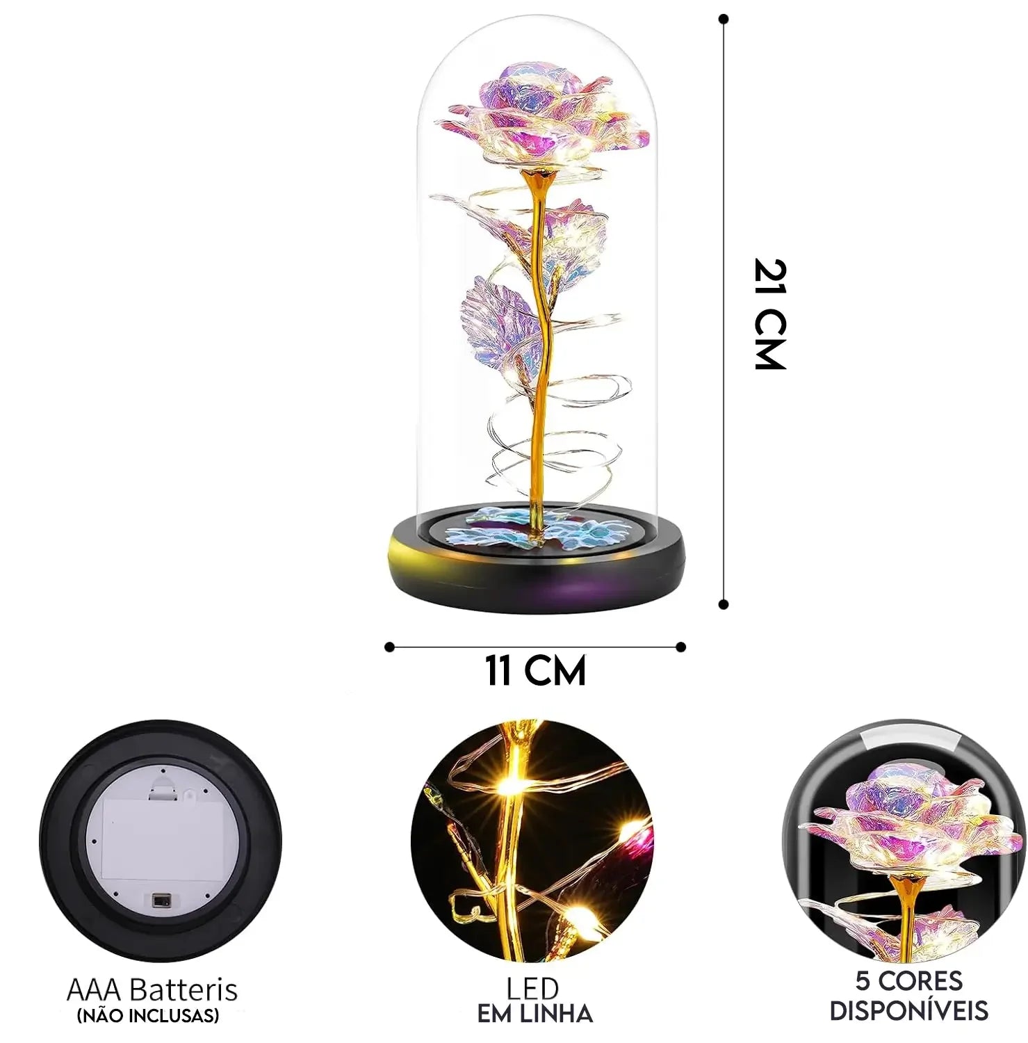 Rosa Cristal com LED em cúpula, presente romântico e duradouro. Ideal para datas especiais, com design encantador e material de alta qualidade.