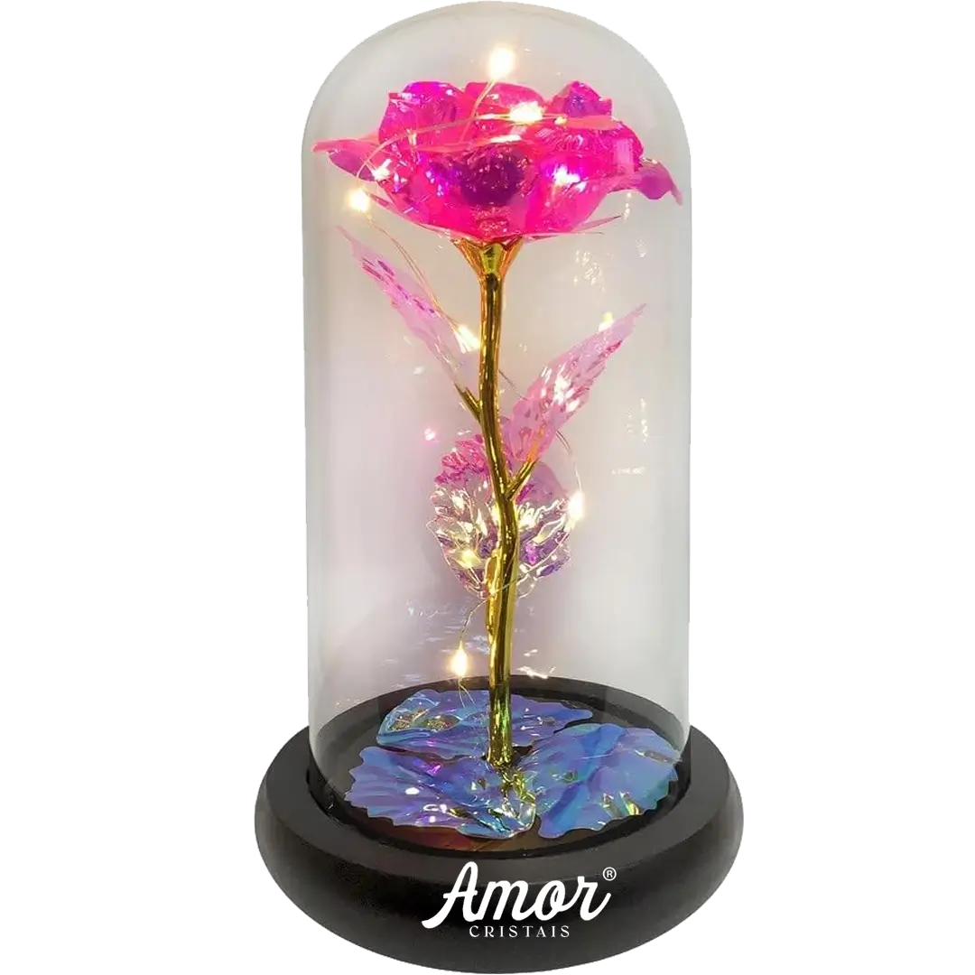 Rosa Cristal com LED em cúpula, presente romântico e duradouro. Ideal para datas especiais, com design encantador e material de alta qualidade.