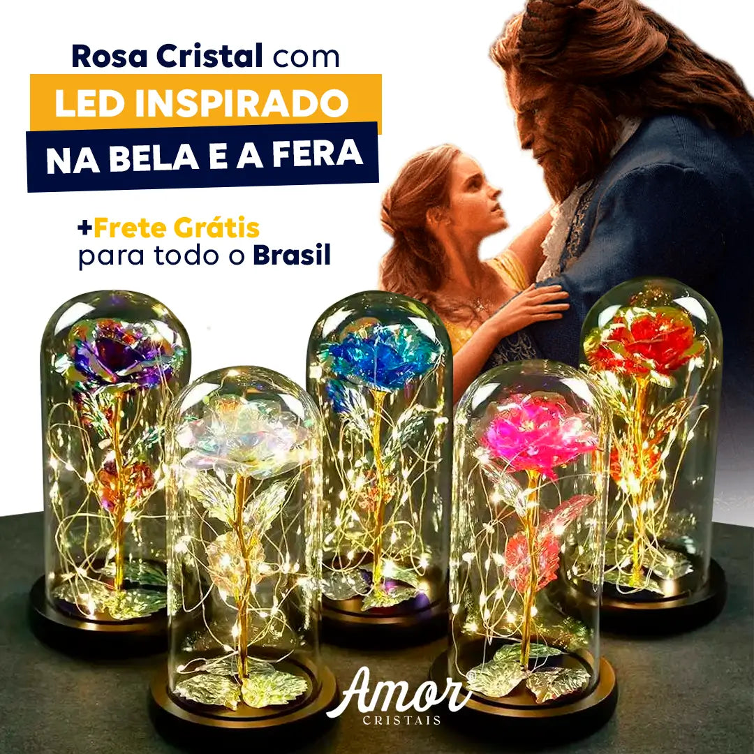 Rosa Cristal com LED em cúpula, presente romântico e duradouro. Ideal para datas especiais, com design encantador e material de alta qualidade.