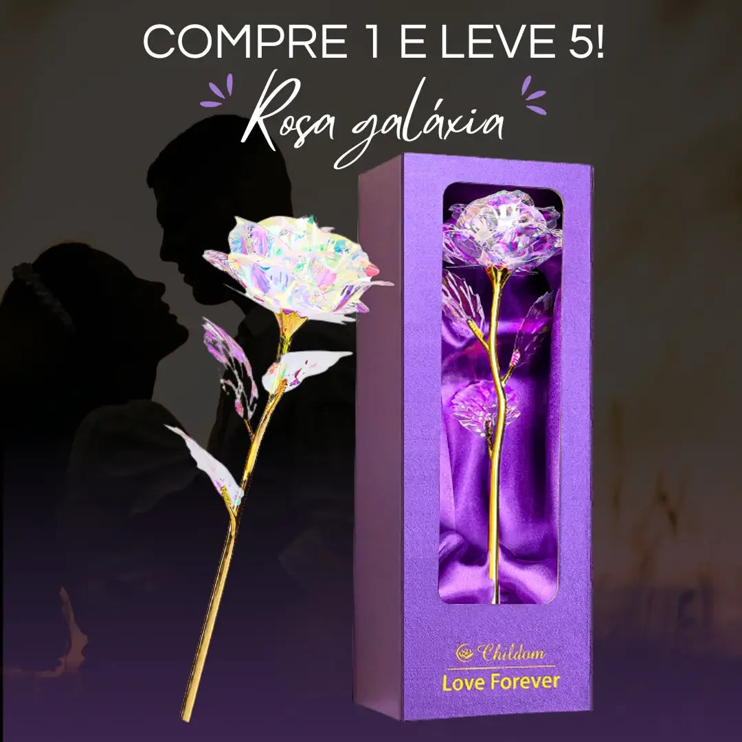 Kit com 5 Rosas Galáxia banhadas a ouro, artesanais e duradouras. Presente único que surpreende e emociona mulheres de todas as idades.