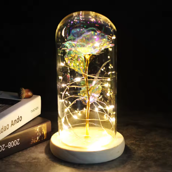 Rosa Cristal Bela e a Fera com Led + Cúpula de Vidro Verdadeiro