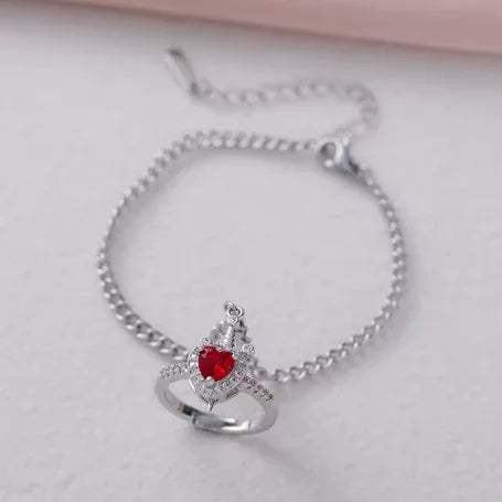 Conjunto Casal Anel Ajustável Coração + Pulseira espada banhados em prata 925