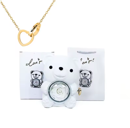 Colar Laço de Amor + Urso com Rosa Eterna