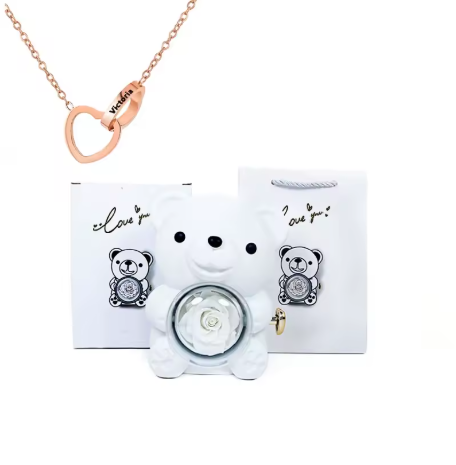 Colar Laço de Amor + Urso com Rosa Eterna