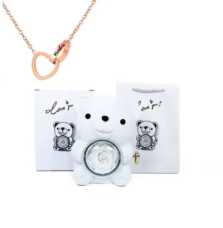 Colar Laço de Amor + Urso com Rosa Eterna