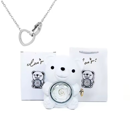Colar Laço de Amor + Urso com Rosa Eterna