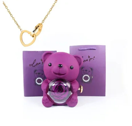Colar Laço de Amor + Urso com Rosa Eterna