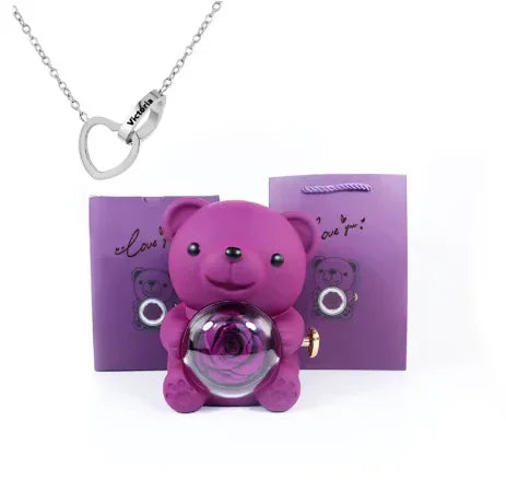 Colar Laço de Amor + Urso com Rosa Eterna