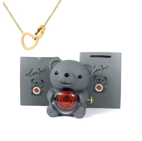 Colar Laço de Amor + Urso com Rosa Eterna