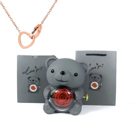 Colar Laço de Amor + Urso com Rosa Eterna