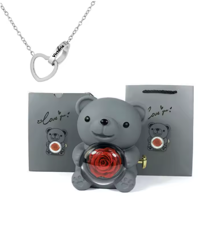Colar Laço de Amor + Urso com Rosa Eterna