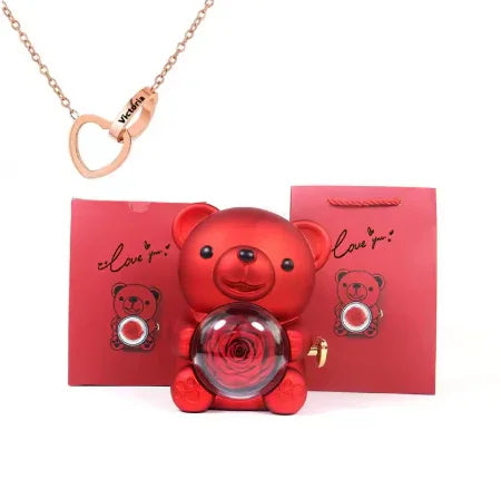 Colar Laço de Amor + Urso com Rosa Eterna