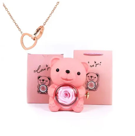 Colar Laço de Amor + Urso com Rosa Eterna