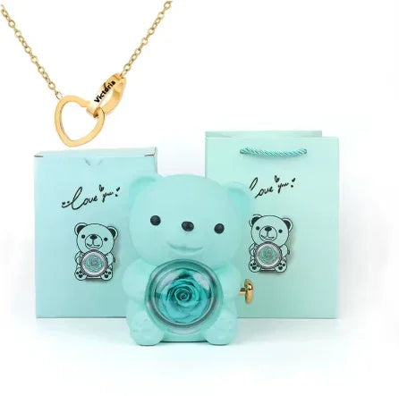 Colar Laço de Amor + Urso com Rosa Eterna