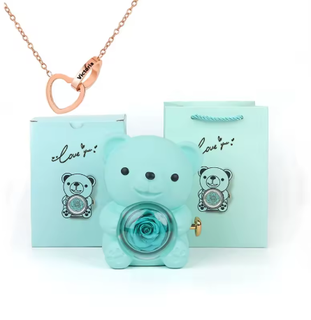 Colar Laço de Amor + Urso com Rosa Eterna