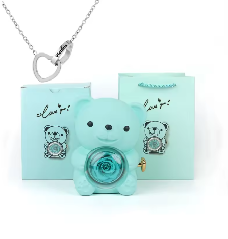 Colar Laço de Amor + Urso com Rosa Eterna