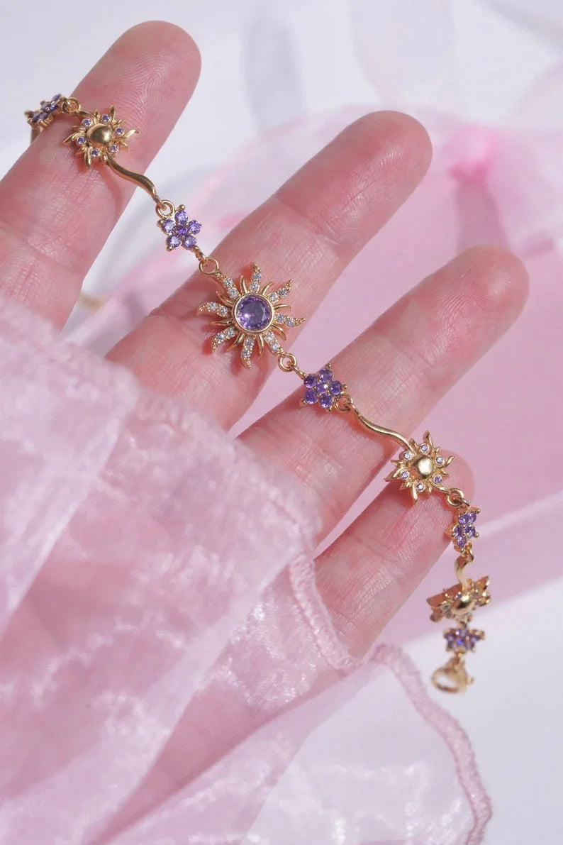 Pulseira Rapunzel Girassol Roxo Com Caixa
