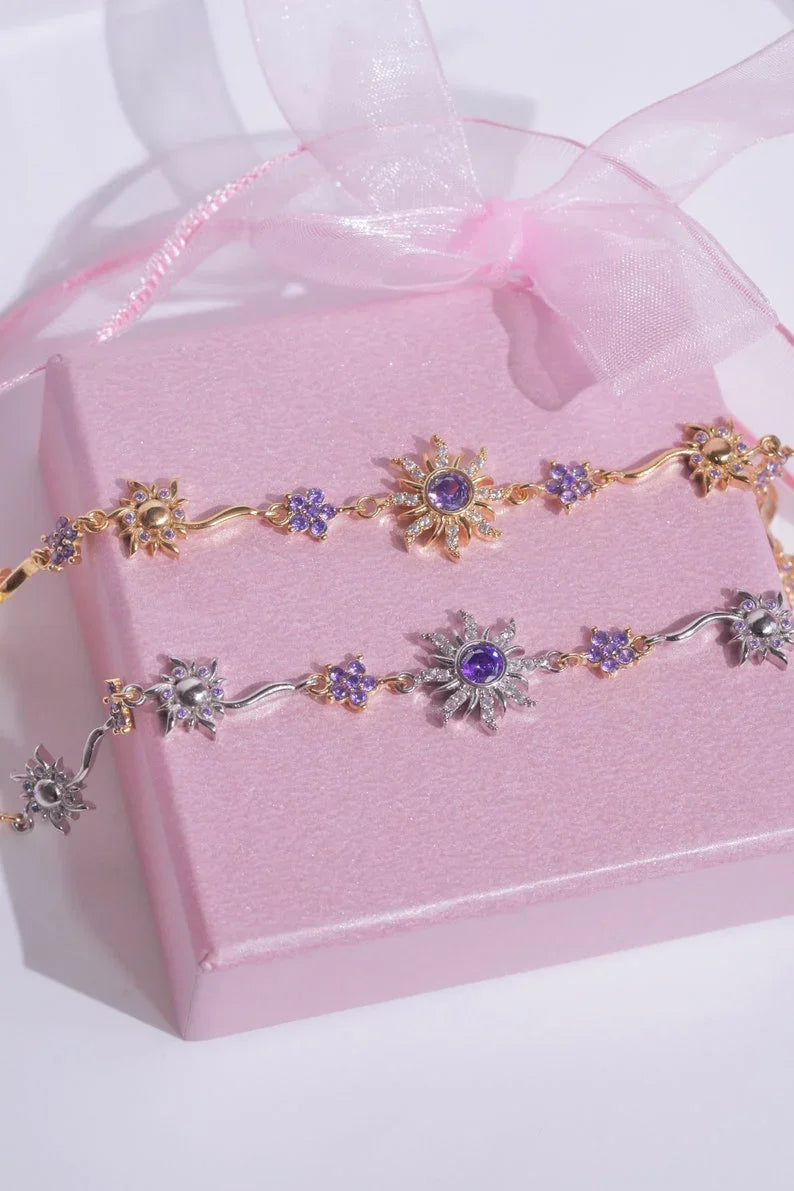 Pulseira Rapunzel Girassol Roxo Com Caixa