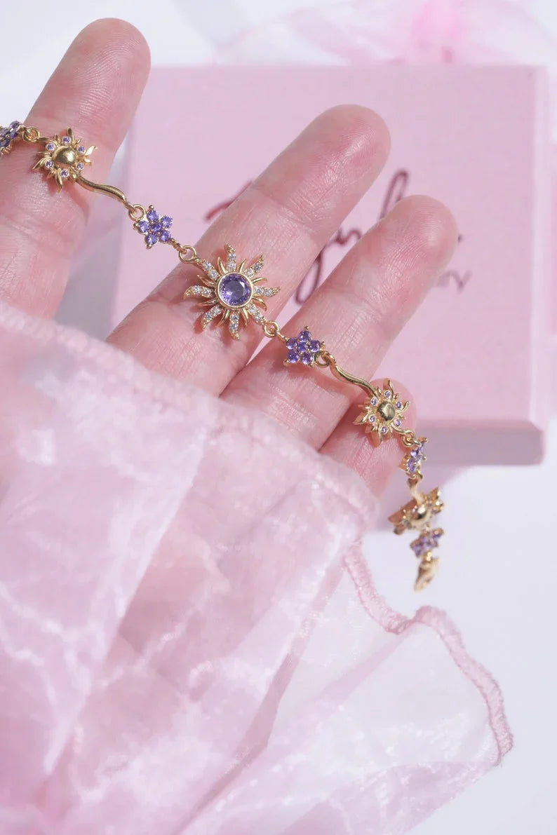 Pulseira Rapunzel Girassol Roxo Com Caixa