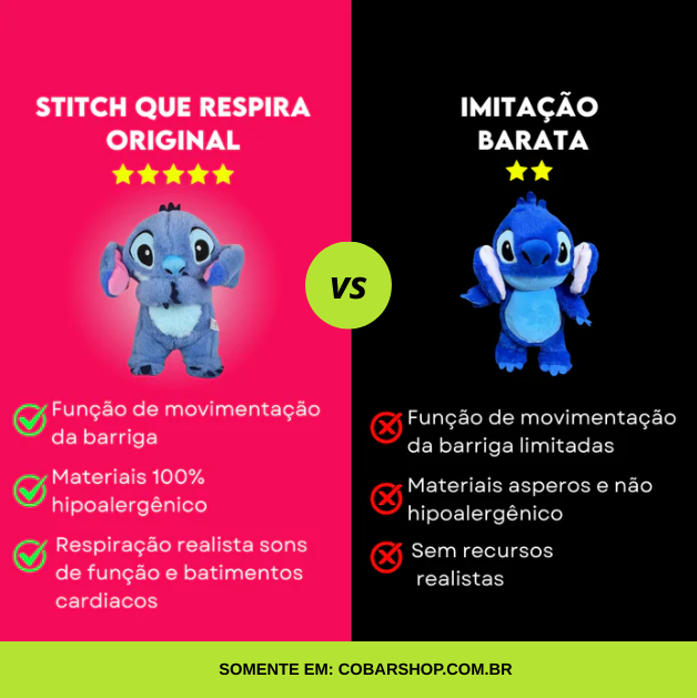 Pelúcia Stitch interativa! 🌟 Macia e luminosa, simula respiração, move as orelhas e traz aconchego. Perfeita para relaxar e aliviar o estresse!