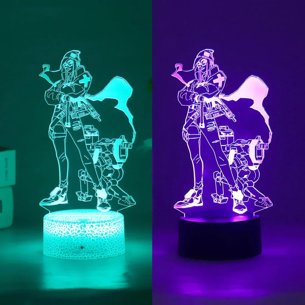 Luminária Valorant com base, cabo e controle remoto. Presente ideal para fãs do jogo. Potência 0-5W, voltagem 5V. Decore com estilo e confiança!