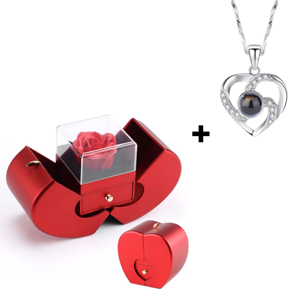 Colar "Eu Te Amo" em 100 idiomas com rosa encantada em caixa especial. Presente romântico, criativo e inesquecível para surpreender quem você ama.