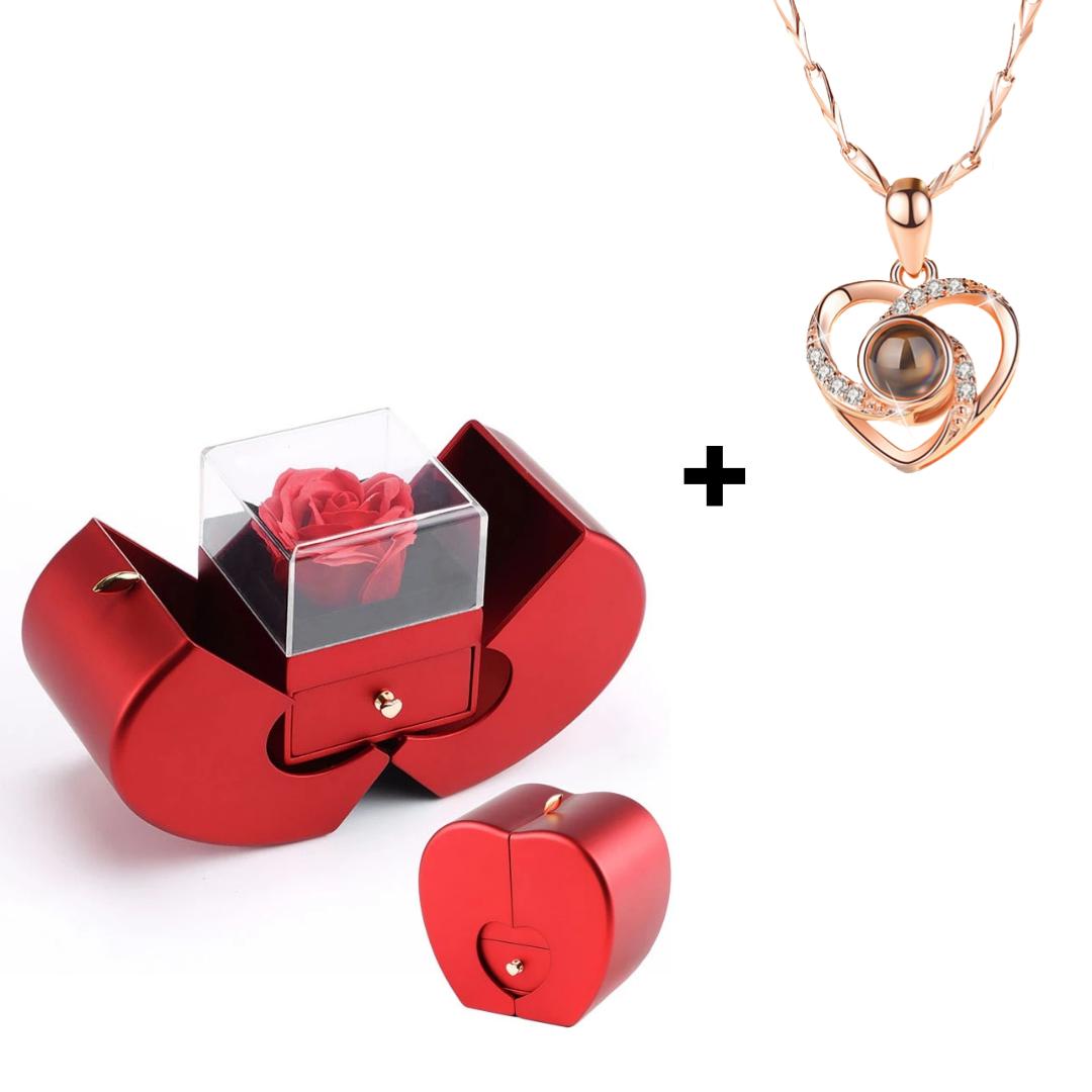 Colar "Eu Te Amo" em 100 idiomas com rosa encantada em caixa especial. Presente romântico, criativo e inesquecível para surpreender quem você ama.
