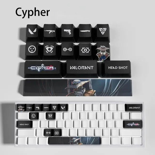 Conjunto com 14 keycaps Valorant em PBT, compatíveis com switches mecânicos. Cores vibrantes, alta durabilidade e inclui barra de espaço e removedor.