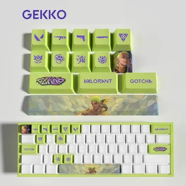 Conjunto com 14 keycaps Valorant em PBT, compatíveis com switches mecânicos. Cores vibrantes, alta durabilidade e inclui barra de espaço e removedor.