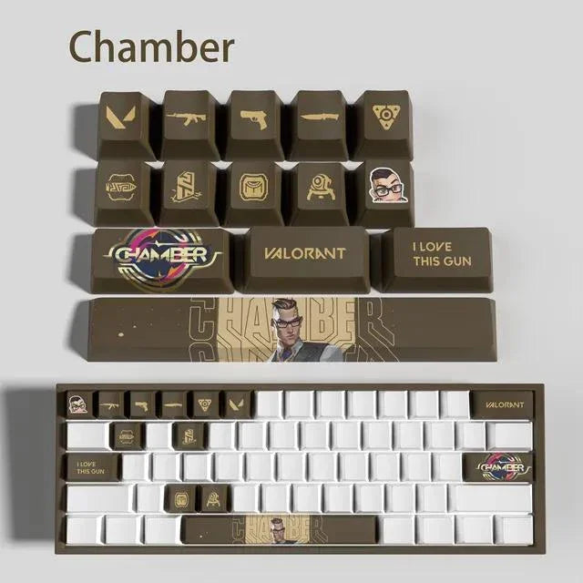 Conjunto com 14 keycaps Valorant em PBT, compatíveis com switches mecânicos. Cores vibrantes, alta durabilidade e inclui barra de espaço e removedor.